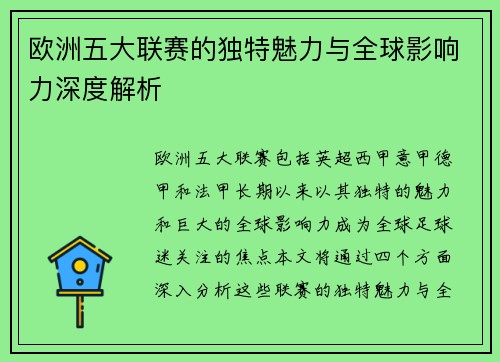 欧洲五大联赛的独特魅力与全球影响力深度解析
